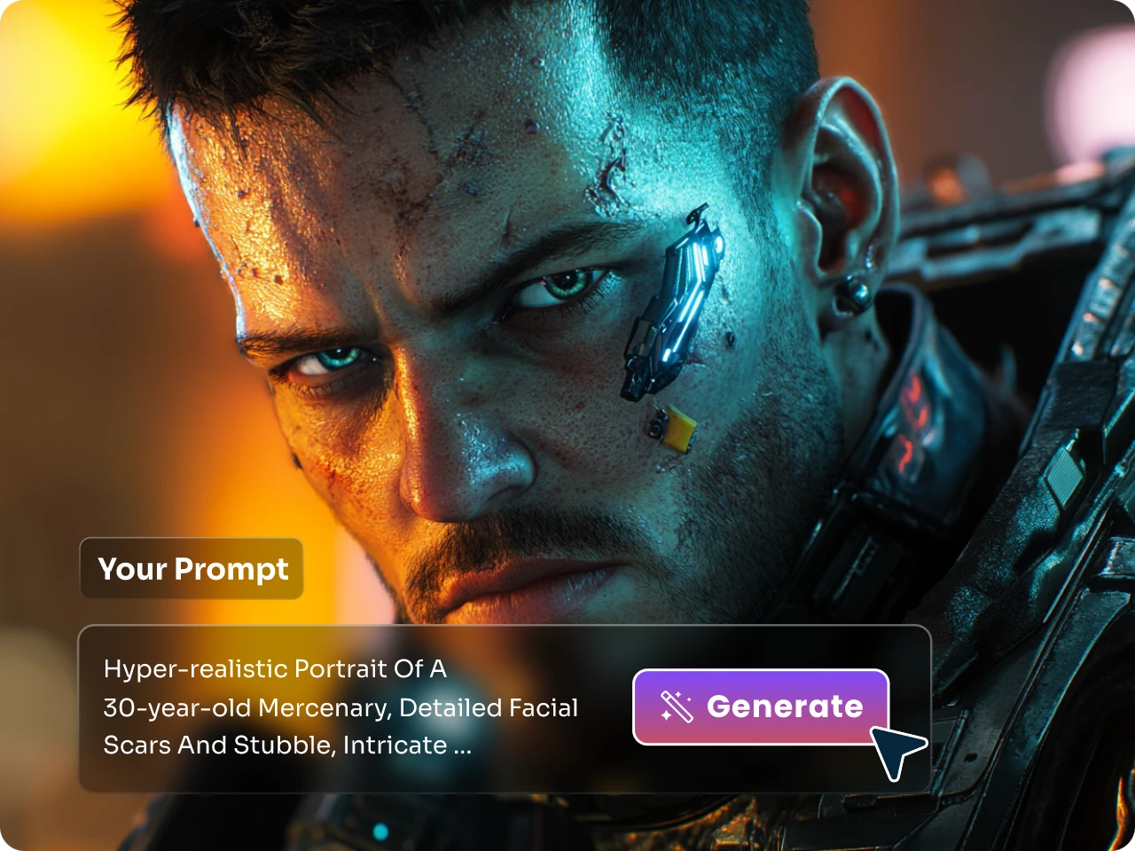 hyper-realistic ai human generator portrait of cyberpunk mercenary