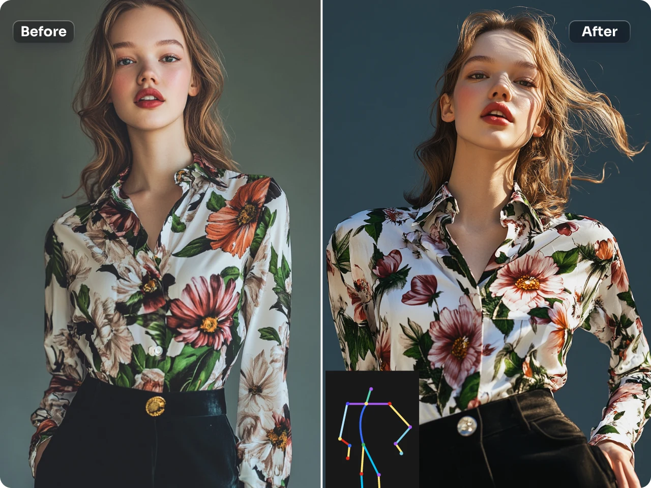 ai human generator before and after comparison showcasing clothing pose adjustment