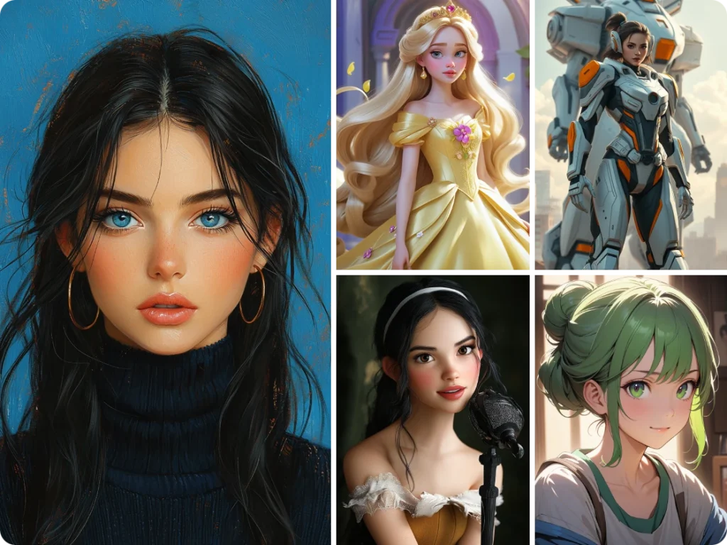 Retratos femininos estilizados em vários estilos feitos com um gerador de garotas de IA, incluindo personagens de anime, fantasia, ficção científica e semirrealistas