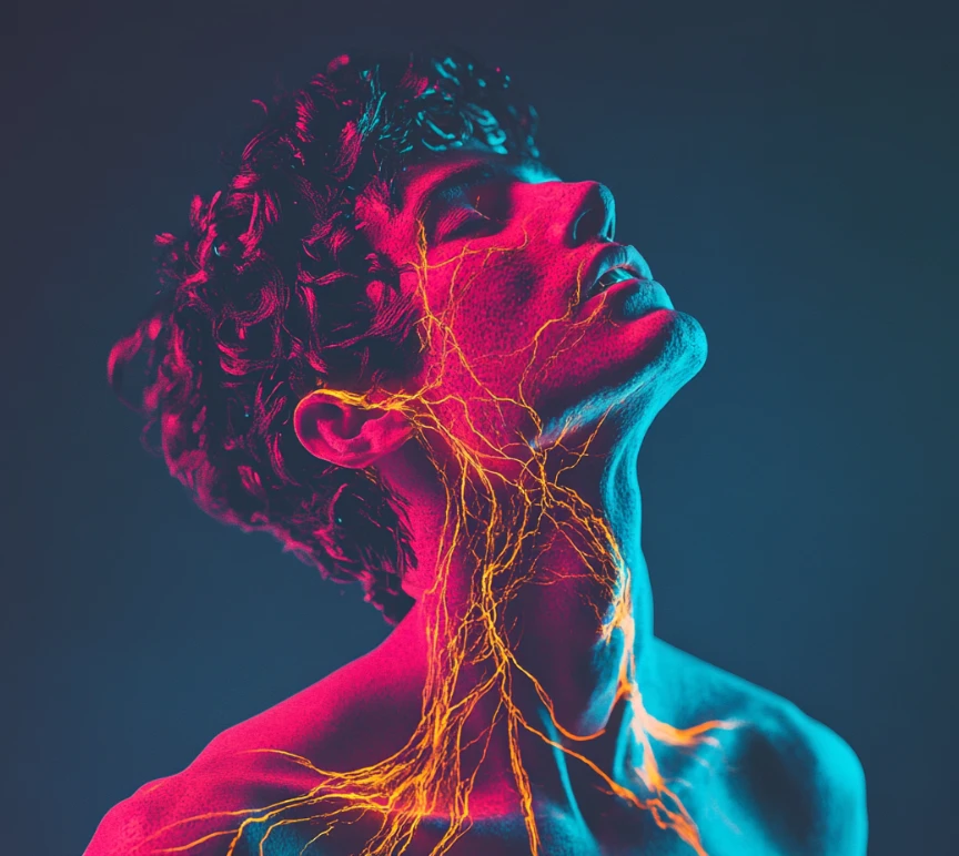 Criador de humanos com IA gera retrato humano iluminado por neon com efeito de veias elétricas