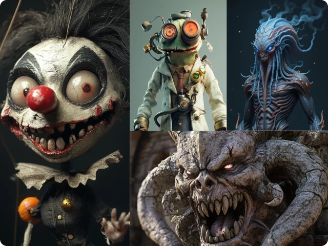 create four scary monster characters in different shapes and styles for free with piclumen ai monster generator