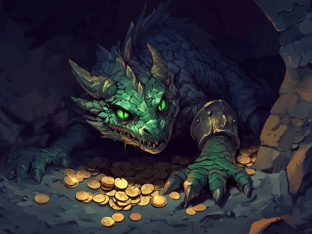 A green dinosaur coming out of a hole sprinkled with gold coins image generated by piclumen ai monster generator
