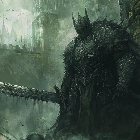 a human knight in black armor holding a large sword image generated by piclumen ai monster generator