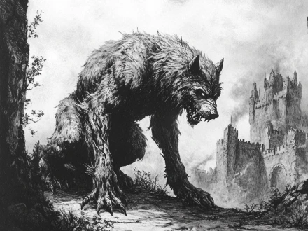 a pencil sketch of a medieval monster besides a castle image generated by piclumen ai monster generator