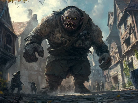 a giant monster showing big teeth walking in a town generated by piclumen ai monster creator