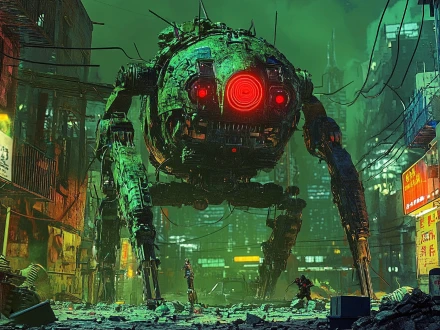 a robot monster exuding green light in a cyberpunk street generated by piclumen ai monster creator