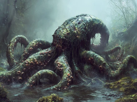 An octopus monster crawling through a swamp generated by piclumen free ai monster generator