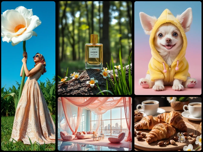 Realistic AI-generated scenes including nature, food, perfume, luxury interior, and a cute dog, made with a realistic AI art generator