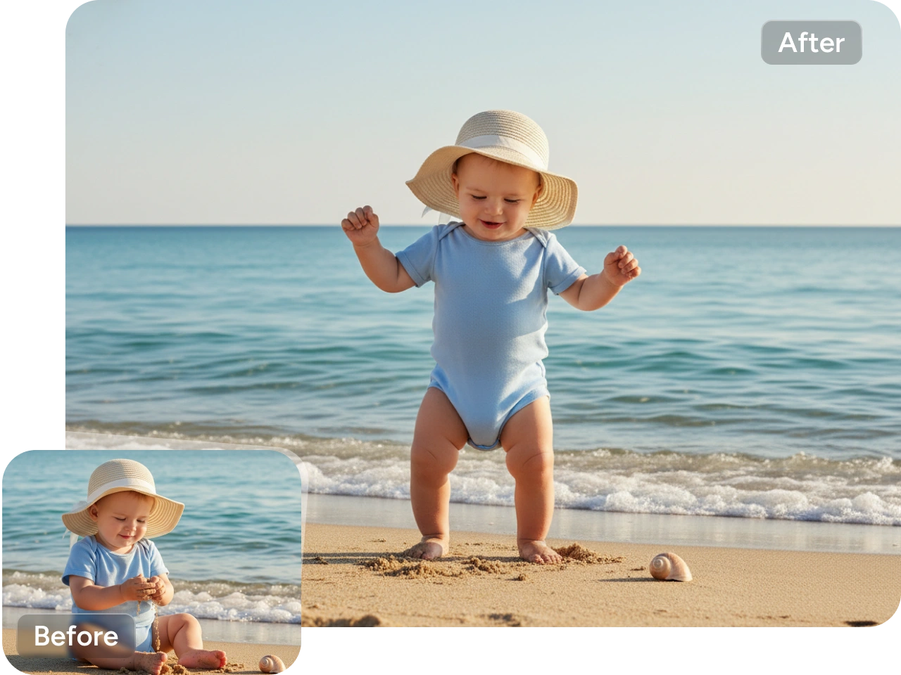 using baby photo generated video of a baby wearing light blue suit dancing on the beach