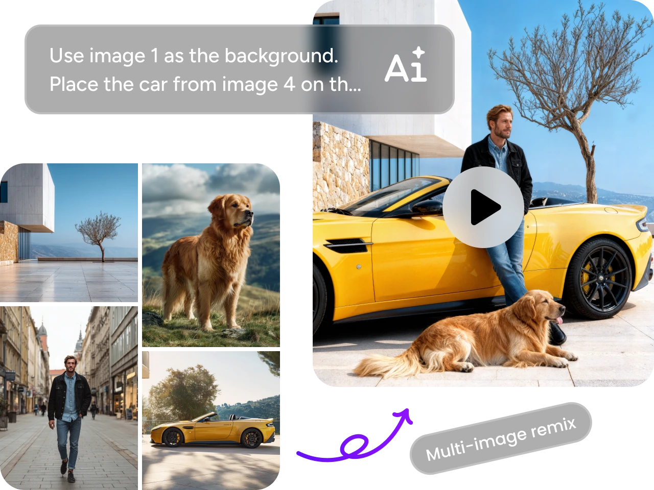 using 4 pictures generated product ad of a man with his car and dog