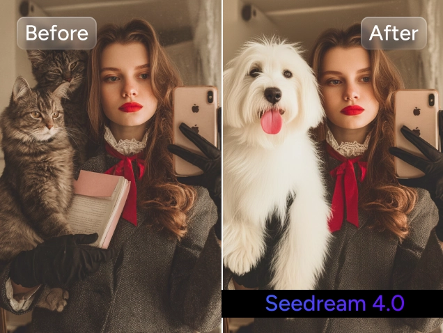 before and after effect of using seedream 4.0 to change the cat to dog holded by a woman