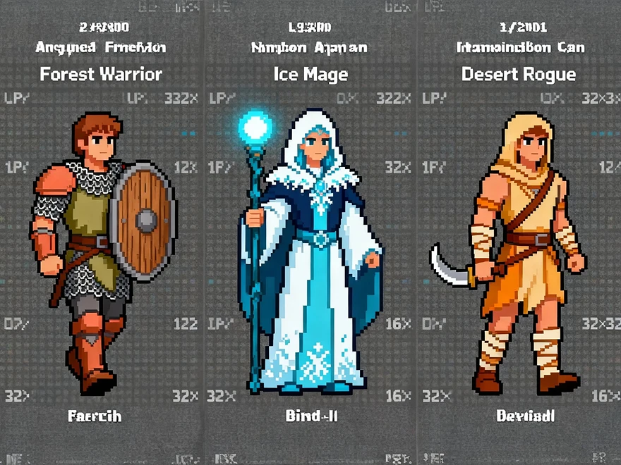 Drei zusammenhängende Sprite-Sheets im Pixelstil, generiert mit der GPT 4o Image Generation in PicLumen.