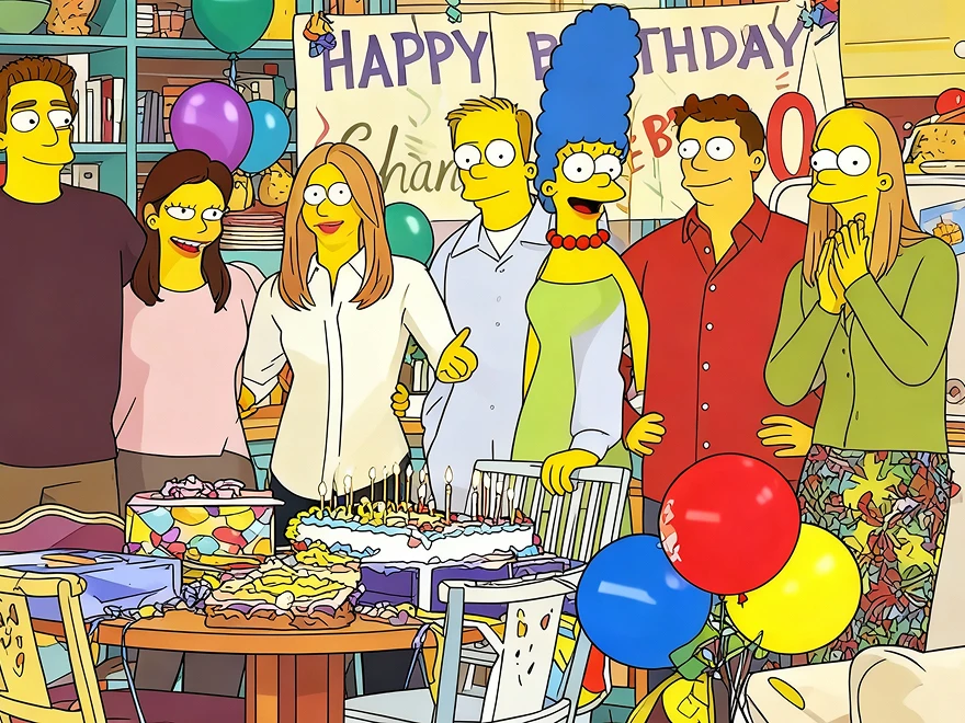 Foto von Freunden im Stil der „Simpson Family“, erstellt mit der GPT 4o Image Generation in PicLumen.
