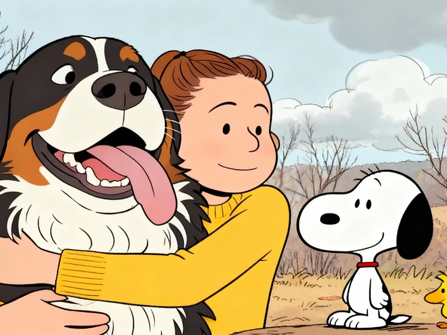 Ein Mädchen, das einen Hund umarmt, im Snoopy-Stil, erstellt mit der GPT 4o Image Generation in PicLumen.