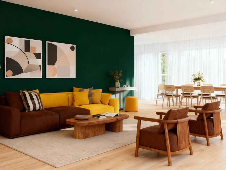 Innenarchitektur in Braun und Gelb mit grüner Wand, erstellt mit GPT 4o Image Generation in PicLumen