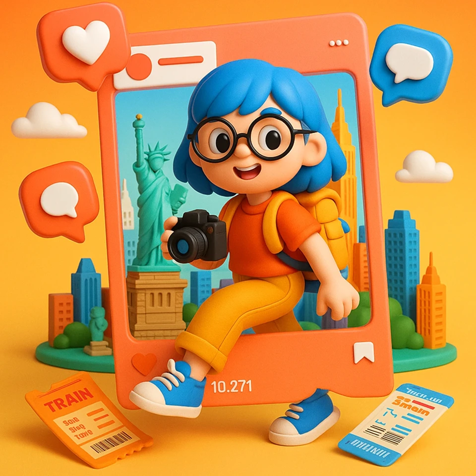 Blauhaariges reisendes Mädchen im 3D-Stil in einem Social-Media-Frame, erstellt vom ChatGPT Image Generator in PicLumen