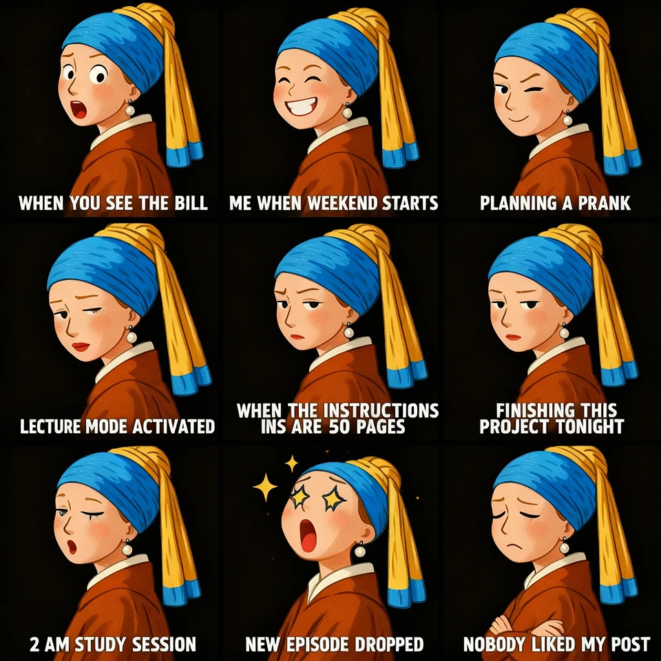 Neunfelder-Meme-Emoji mit cartoonisierter „Mädchen mit dem Perlenohrring“