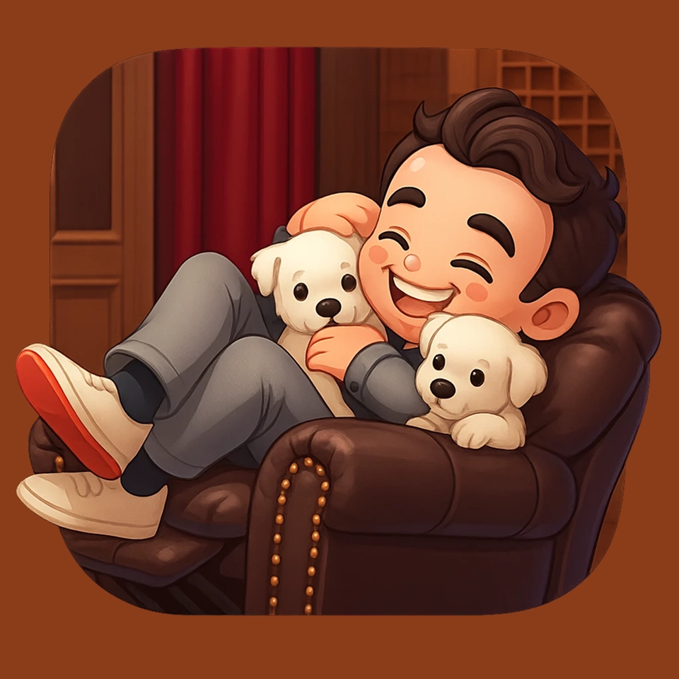 3D-Chibi-App-Icon mit einem Mann und zwei süßen Welpen