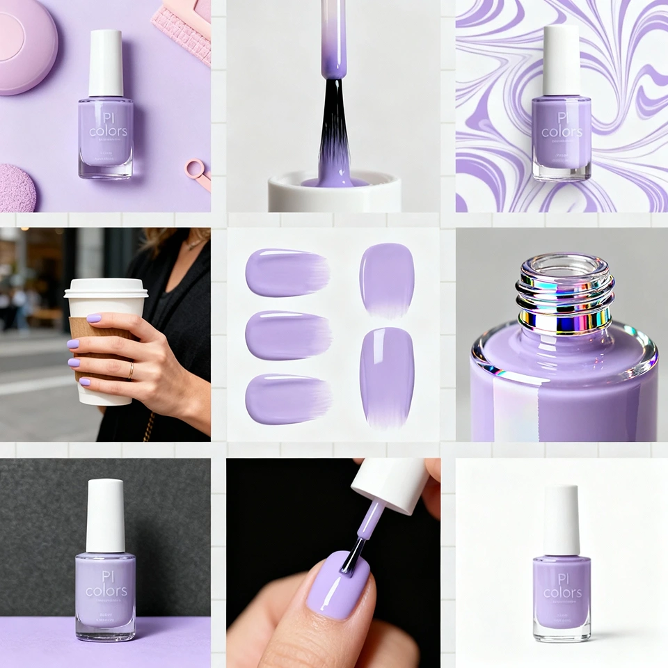 Neunfelder-Bildraster für ein Nagellack-Produkt, generiert mit GPT 4o Image Generation in PicLumen