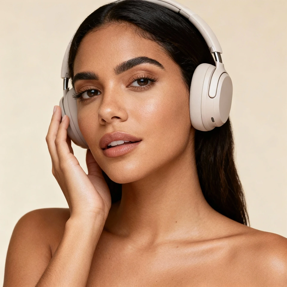 Kolumbianisches Model mit kabellosen Kopfhörern, erstellt vom ChatGPT Image Generator in PicLumen