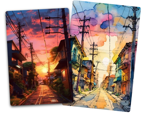 convierte en acuarela una calle de estilo anime bajo la puesta de sol