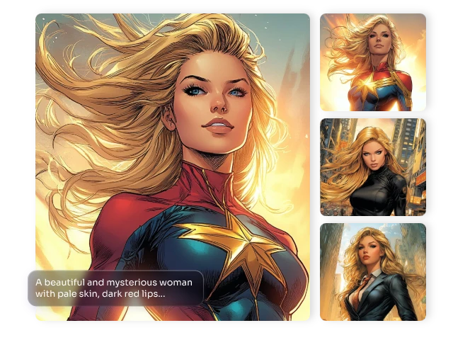 crear cuatro ilustraciones de cómic con el mismo rostro de personaje femenino