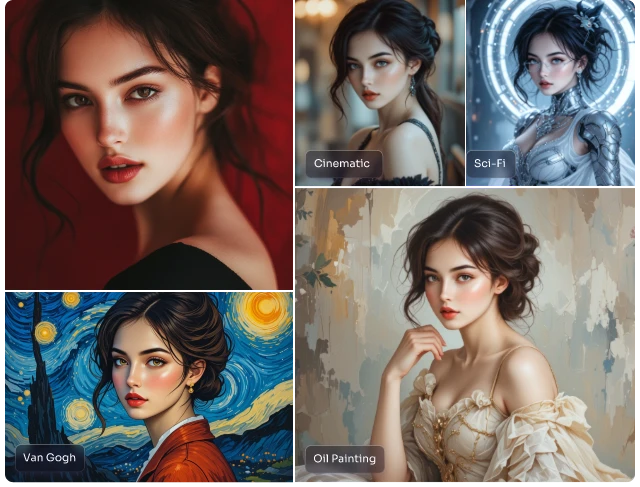 transform a female portrait into four diverse styles with piclumen image to image ai generator