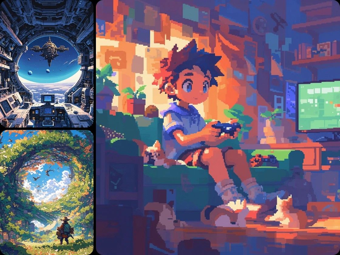 three ai generated pixel art style images