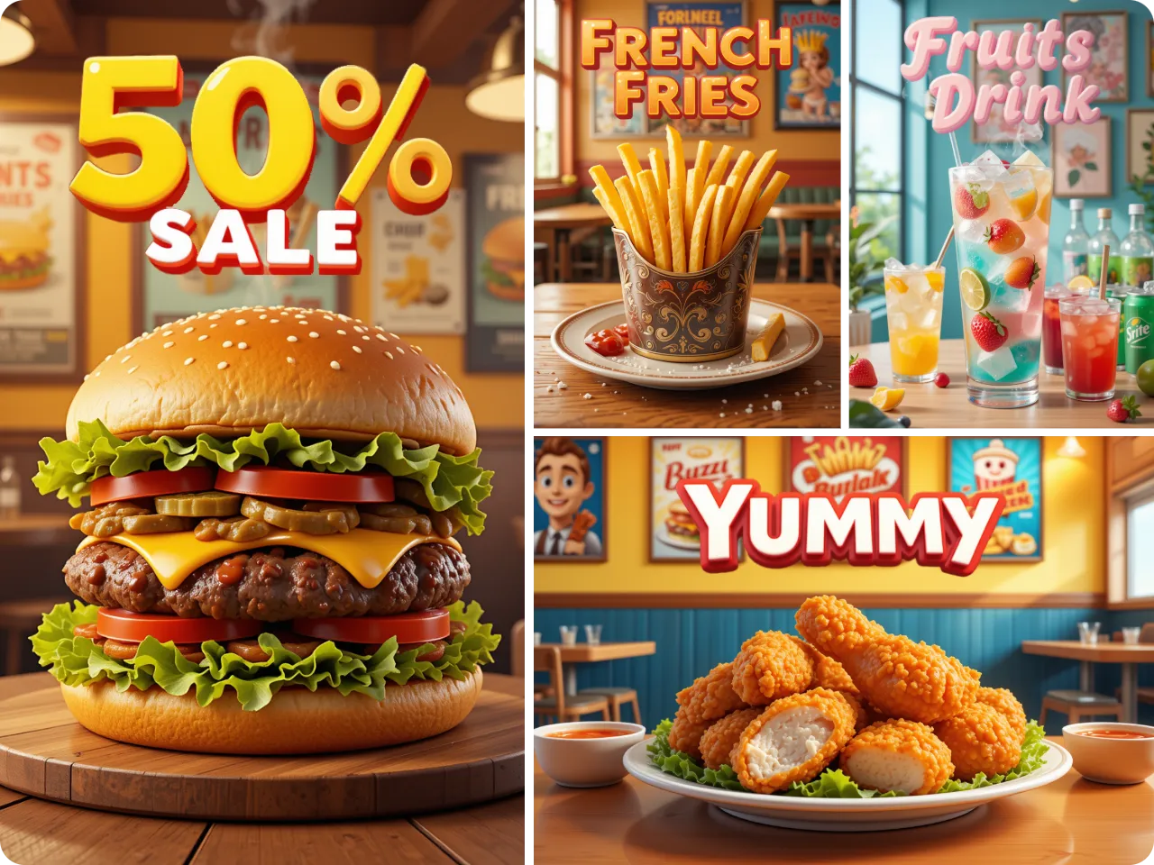 create four food product posters in the same 3d cartoon style