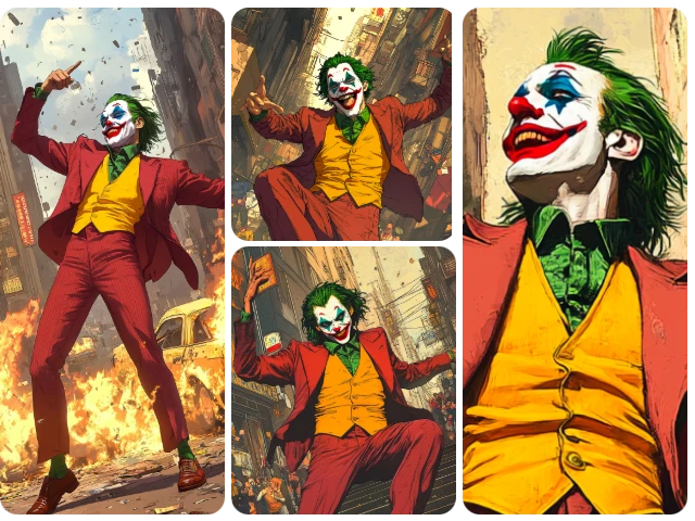 create four comic book illustrations with the same joker face but vary in postures and scenes