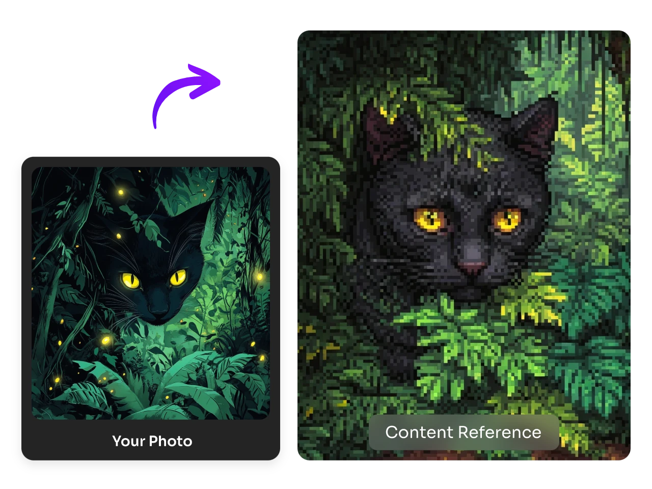 convert a anime black cat in leaves image into pixel art style using content reference