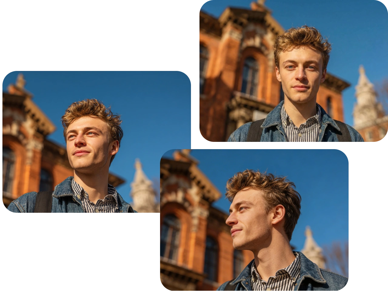 a collage of a man from three angles front view side view and three quarter view
