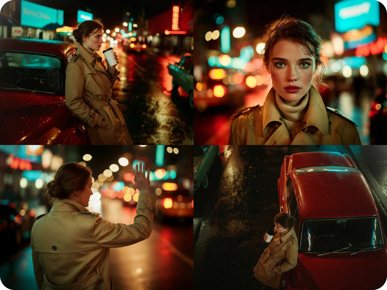 a collage of a woman on a rainy city street at night with neon lights wearing a trench coat shown from different angles
