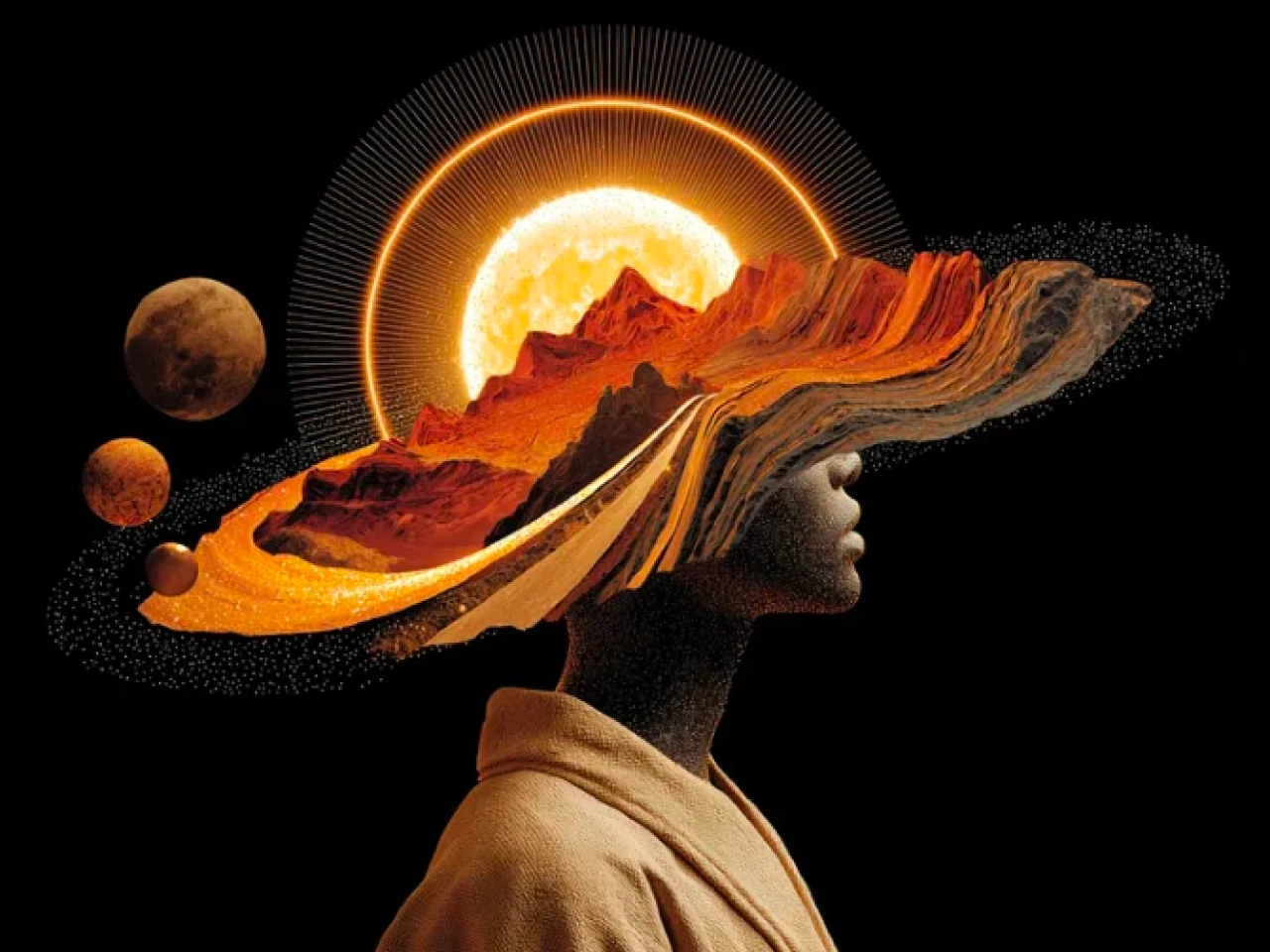 science fiction-style cover art featuring a human figure and a planetary head