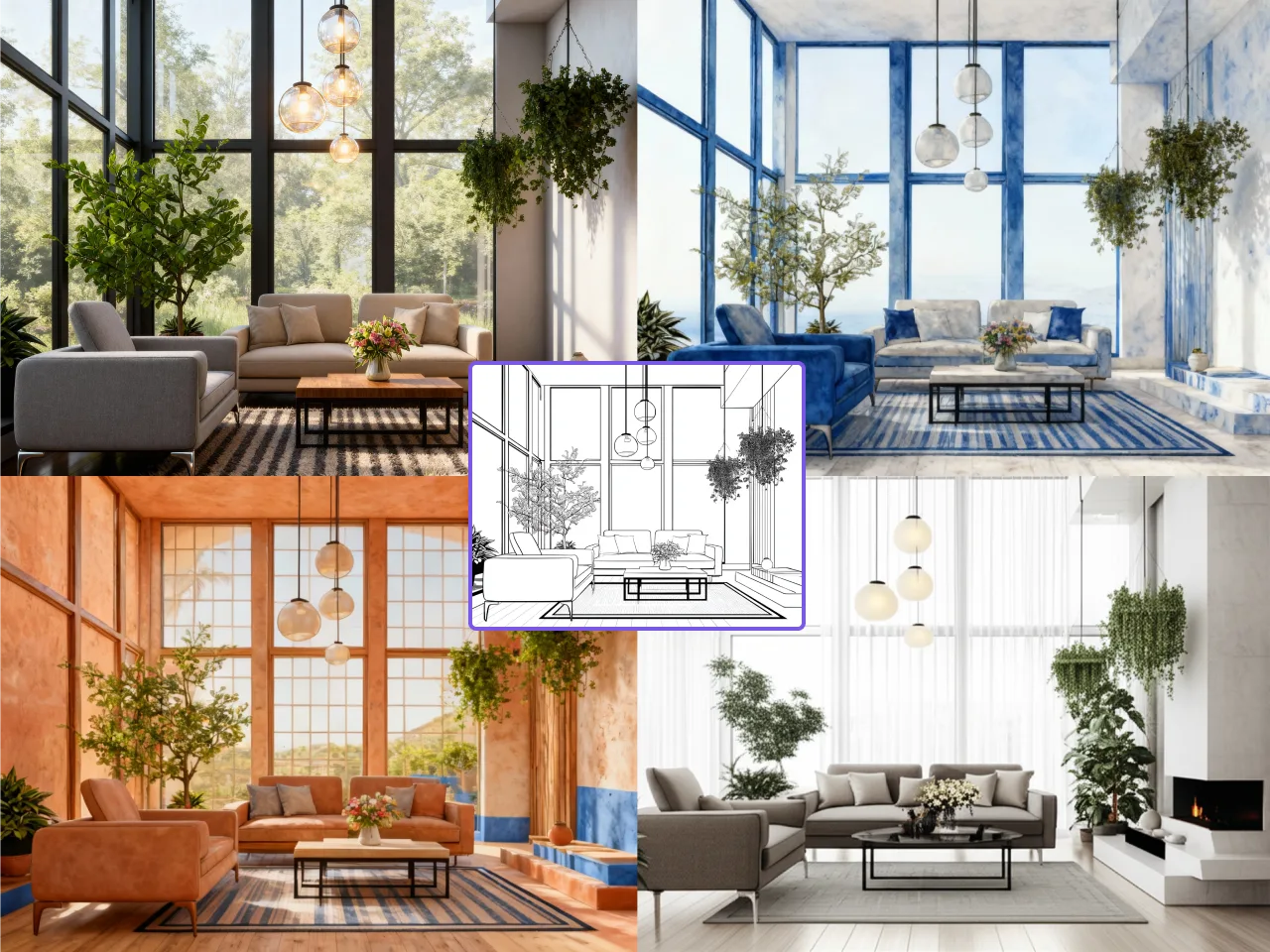 using midjourney ai image generator created 4 different interior visualizations from a sketch