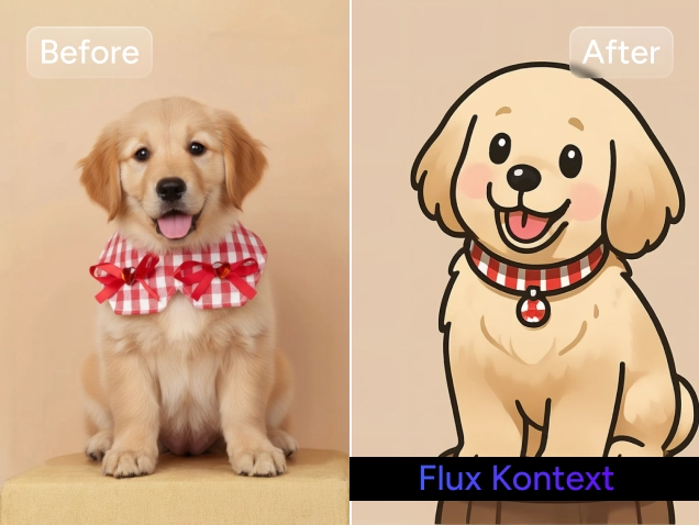 before and after effect of using flux kontext to change the dog's photo into a cute cartoon style