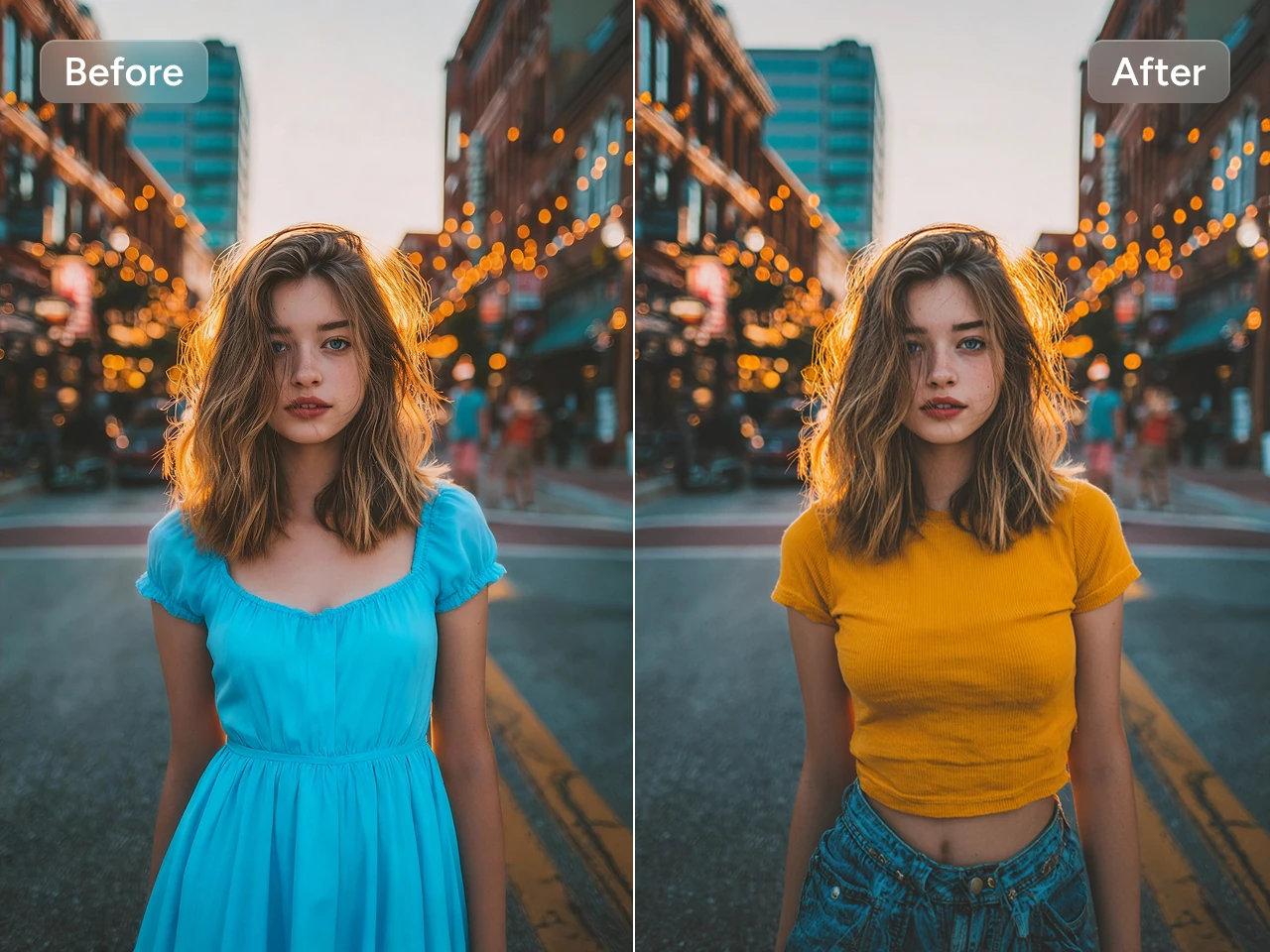 using nano banana 2 changes girl's blue dress to an orange shirt and jeans