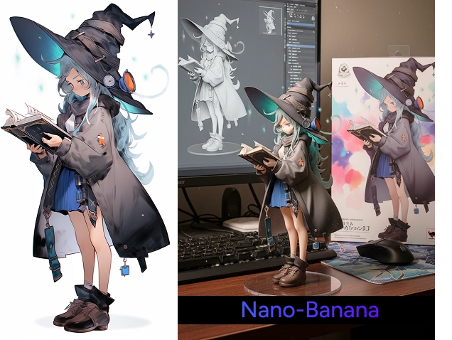 before and after effect of using nano banana to create a witch figurine from an image