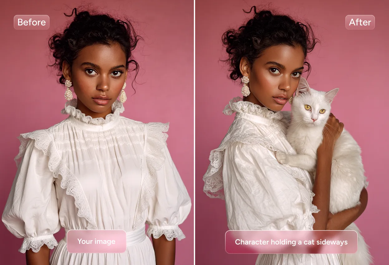 before and after comparison of adding a cat to the hands of a woman in a white dress