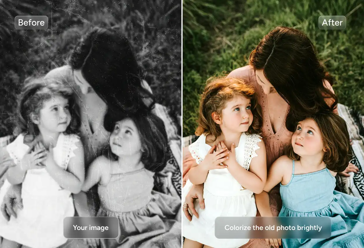 before and after effects of coloring an old group photo brightly with nano banana