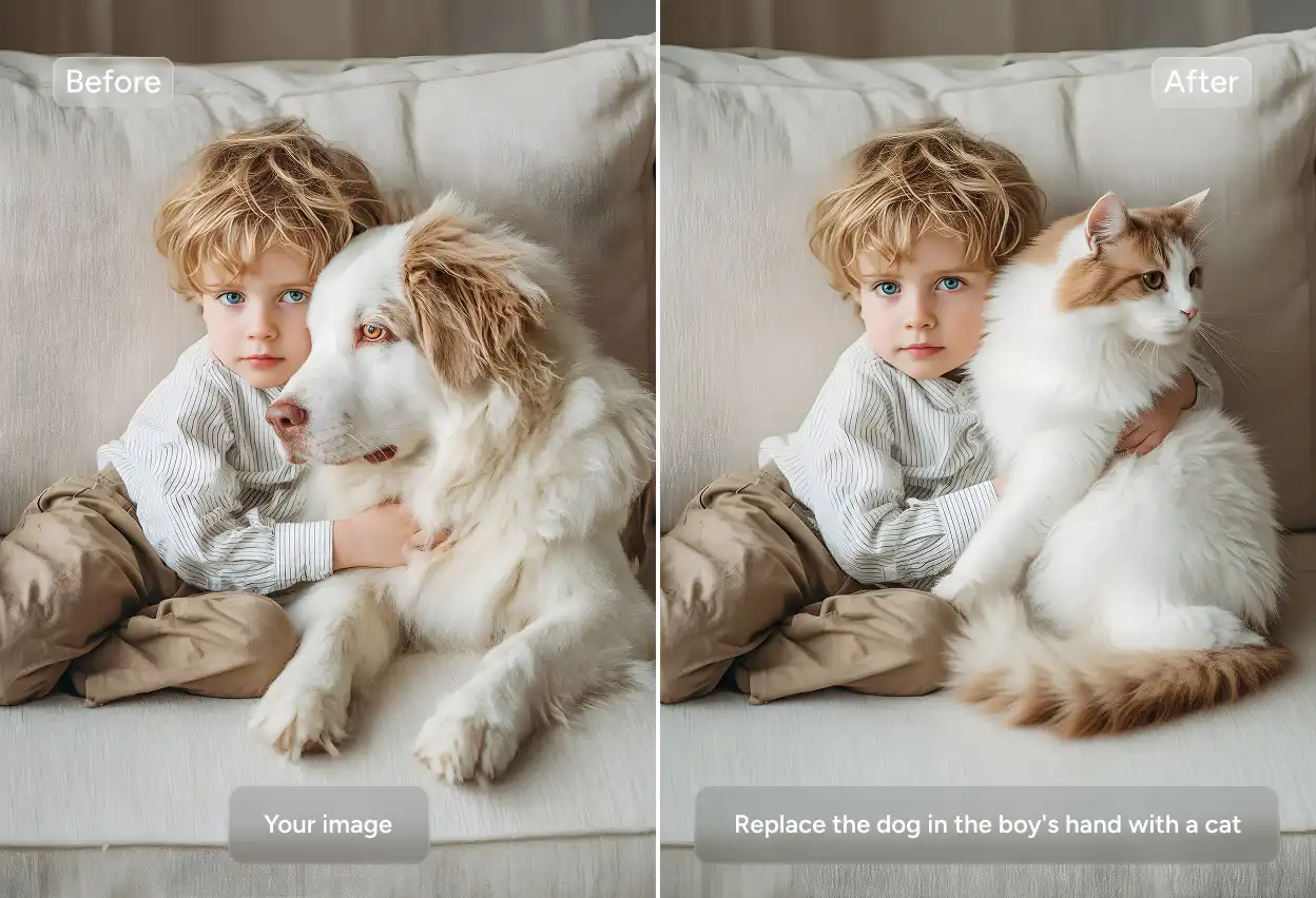 before and after effects of using text prompt to replace the white dog next to the boy with a cat