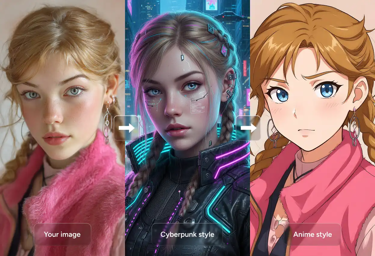 results of transforming a girl's image into cyberpunk-style and anime-style with nano banana ai