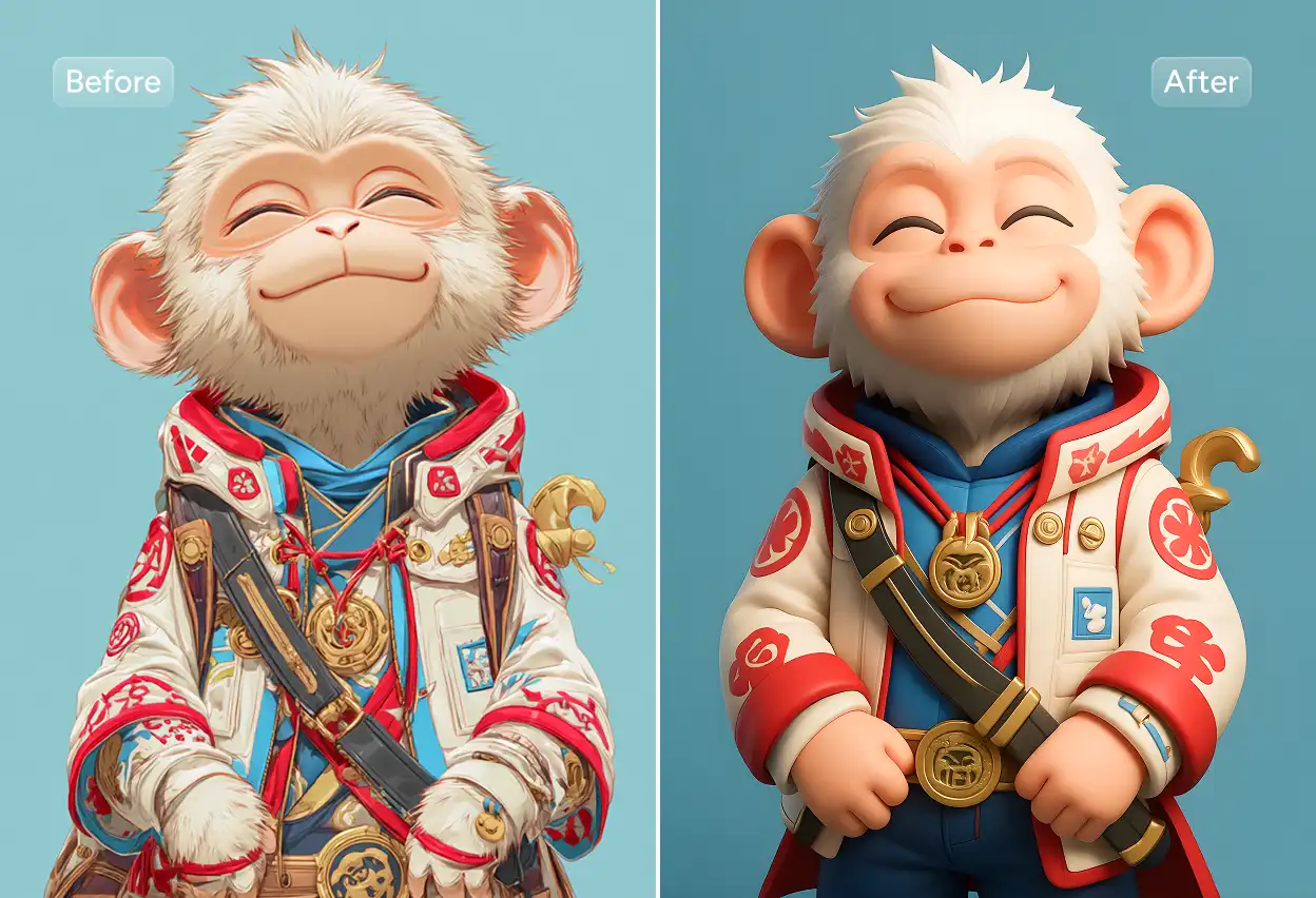 before and after comparison of transforming a smiling 2d cartoon monkey into a 3d effect