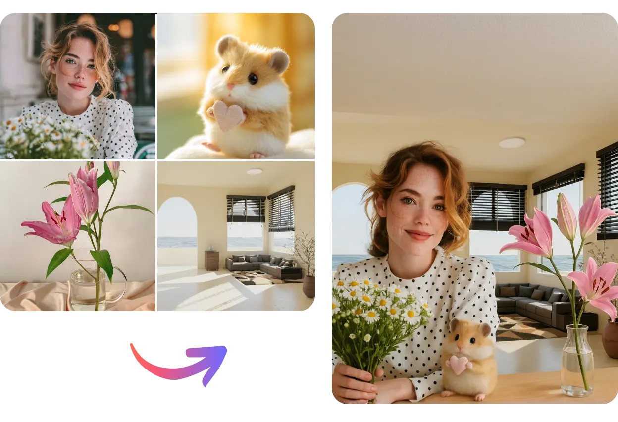 effect of combining the woman, lily, hamster doll, and background from four different photos into one picture