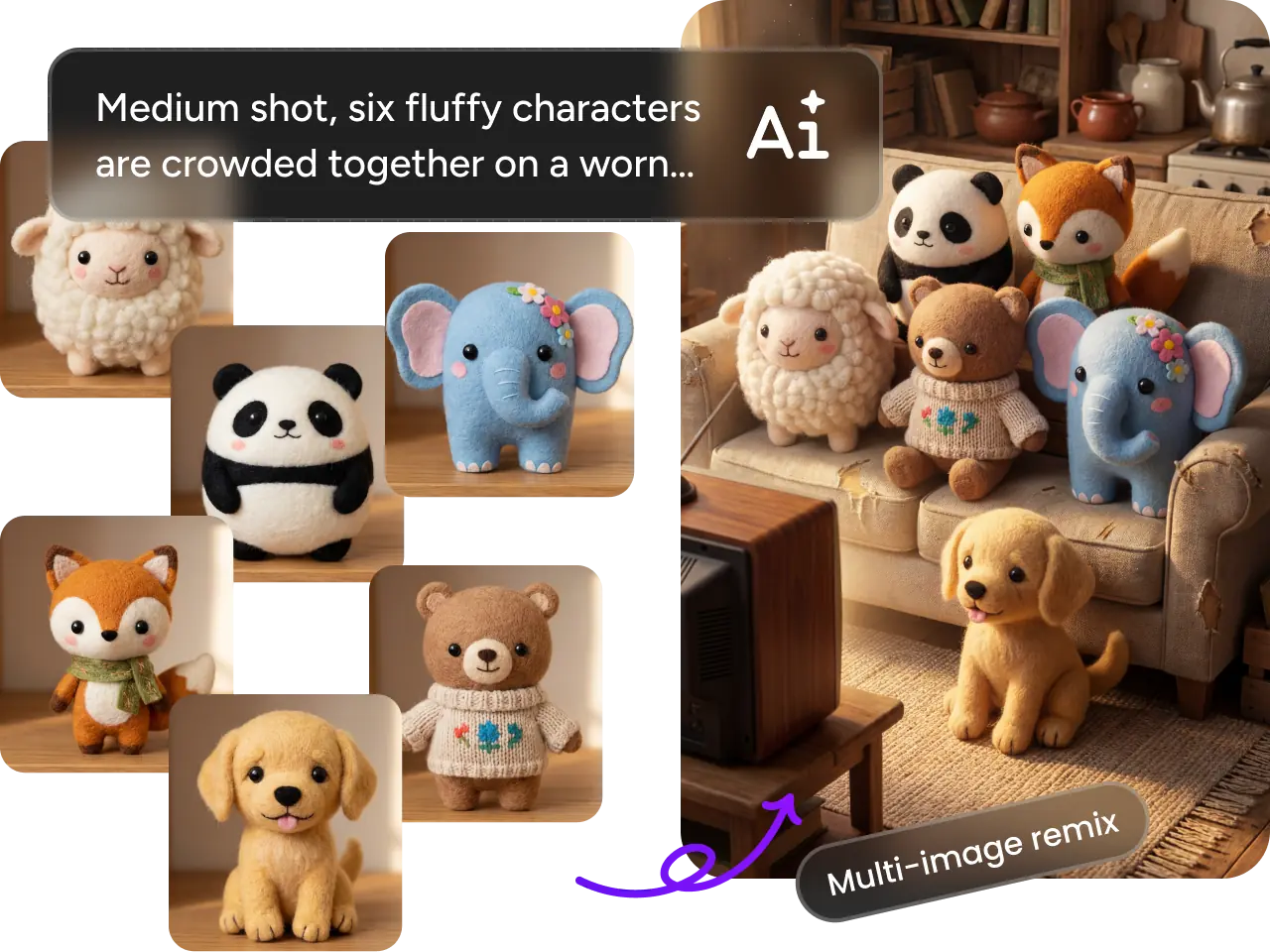 using nano banana pro generated 6 animals watching tv in the room