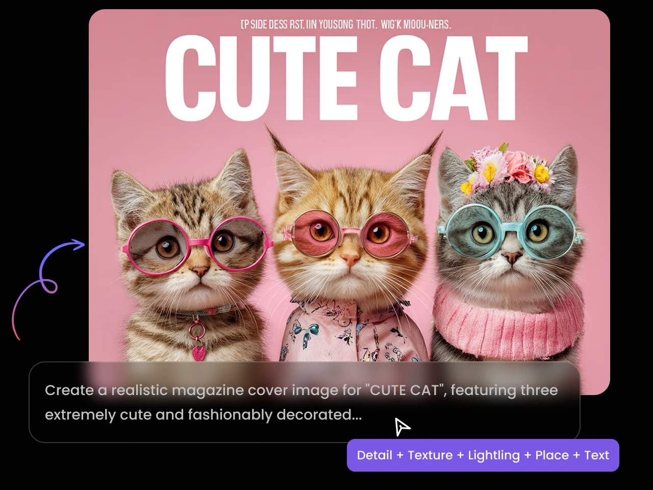 Usando los consejos de indicaciones del generador de imágenes Qwen AI se crearon tres gatos con diferentes gafas de sol