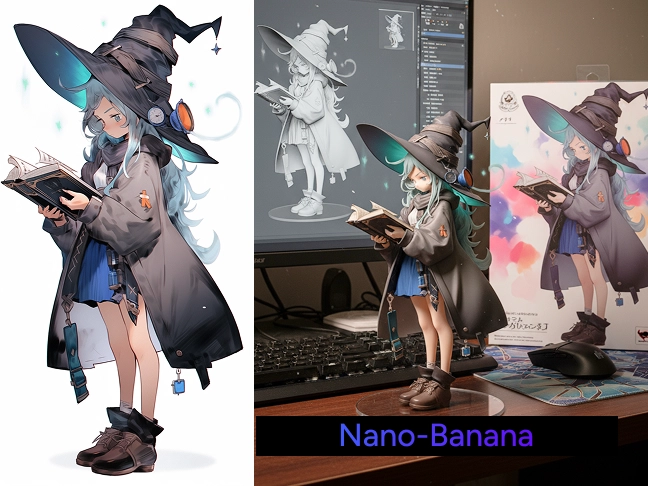 Efecto de antes y después al usar Nano Banana AI para crear una figura de bruja a partir de una imagen.