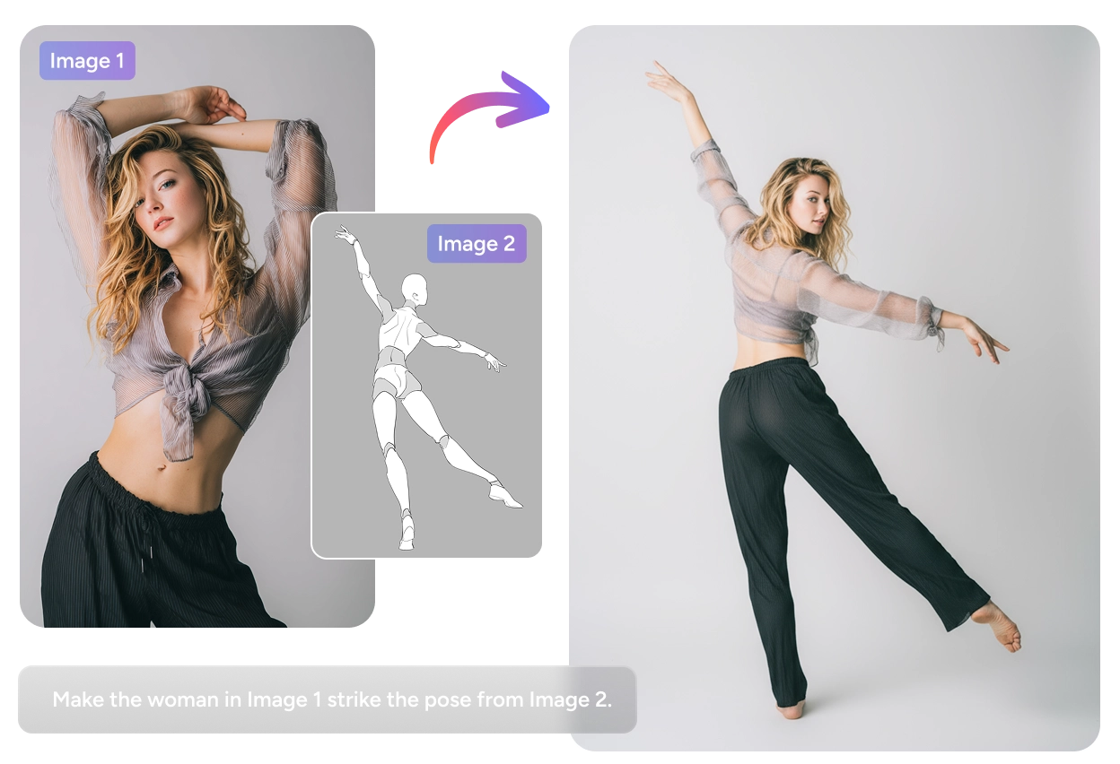 Seedream 4.0 generates a new image in accordance with character and pose reference