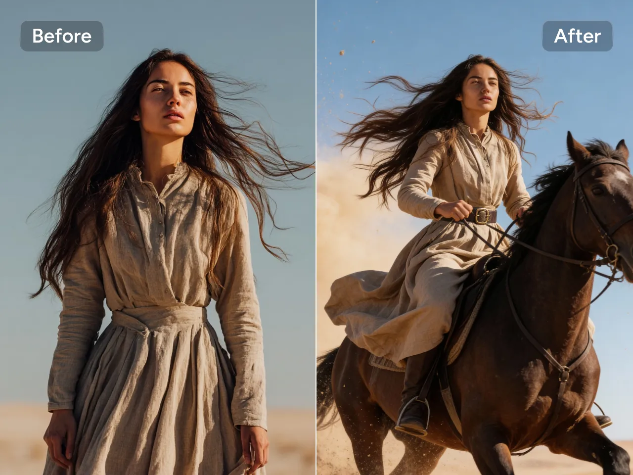seedream 4.5 created before-and-after comparison of a woman transitioning from standing to riding a horse