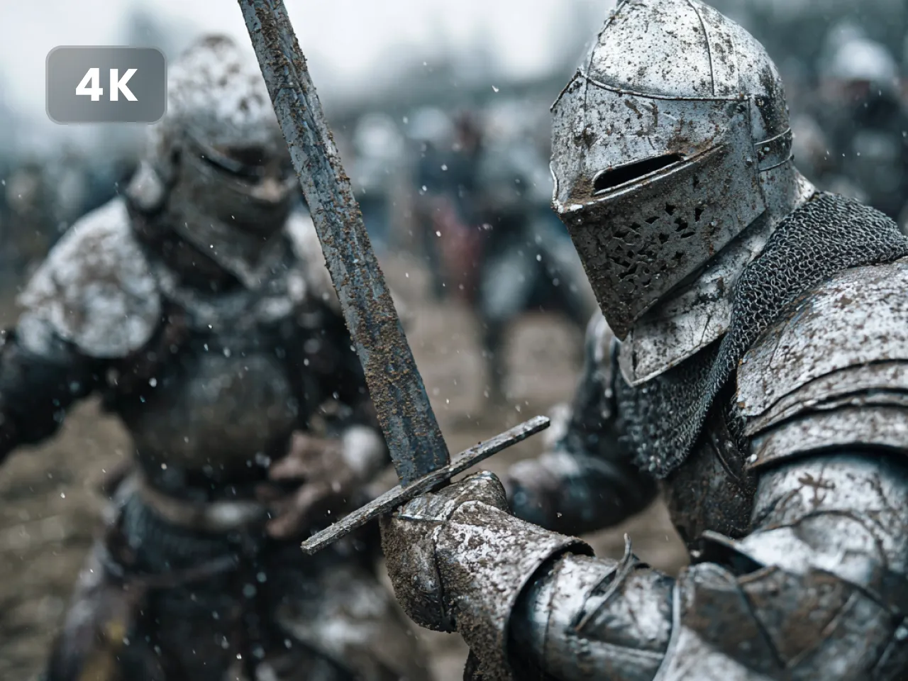 seedream 4.5 ai image generator created 4k knights battling in the rain